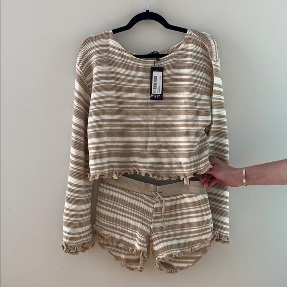 Tan & white striped top and short set